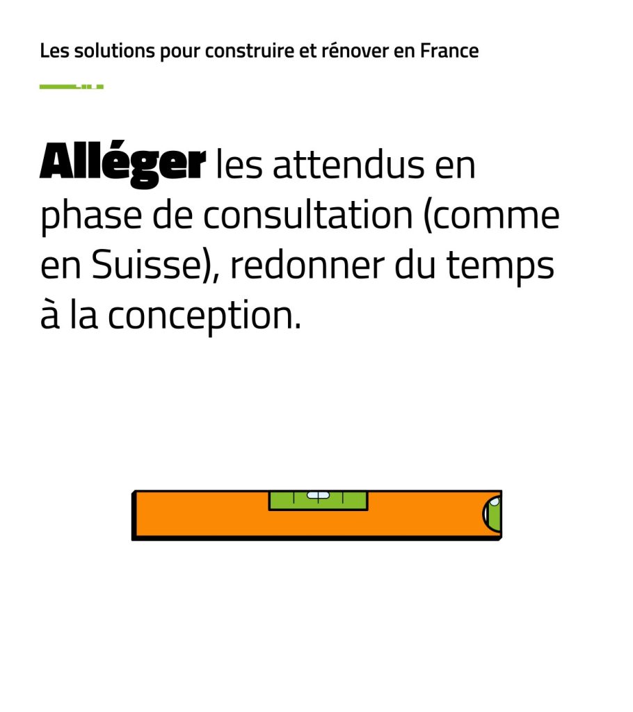 Alléger les attendus en phase de consultation (comme en Suisse), redonner du temps à la conception.